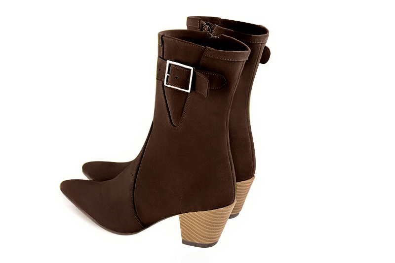 Dark brown women's ankle boots with a zip on the inside. Tapered toe. Medium cone heels. Rear view - Florence KOOIJMAN